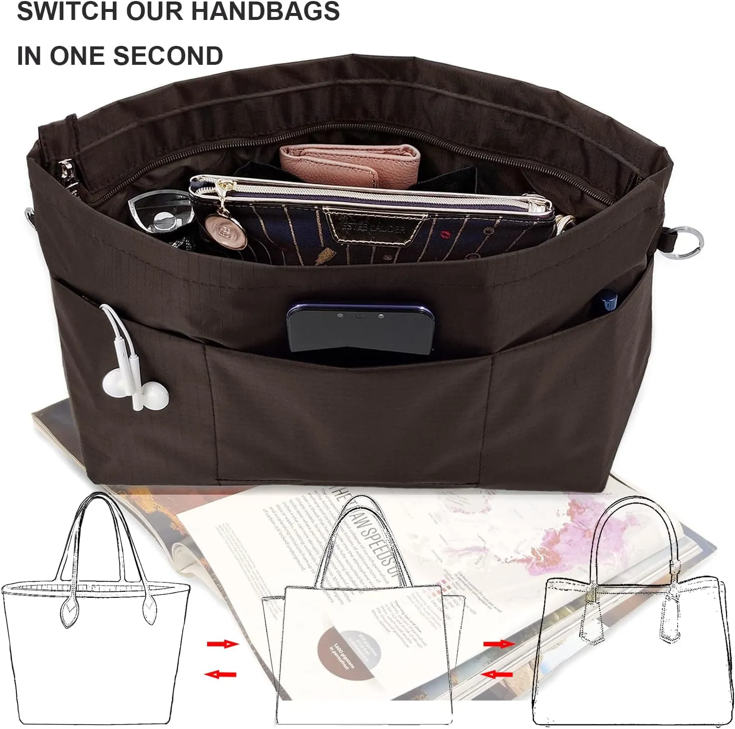 Time Wing Handbag Tote Purse Organizer Insert Bag Liner Shaper Divider Zipper 11 Pockets Compartments Small Coffee