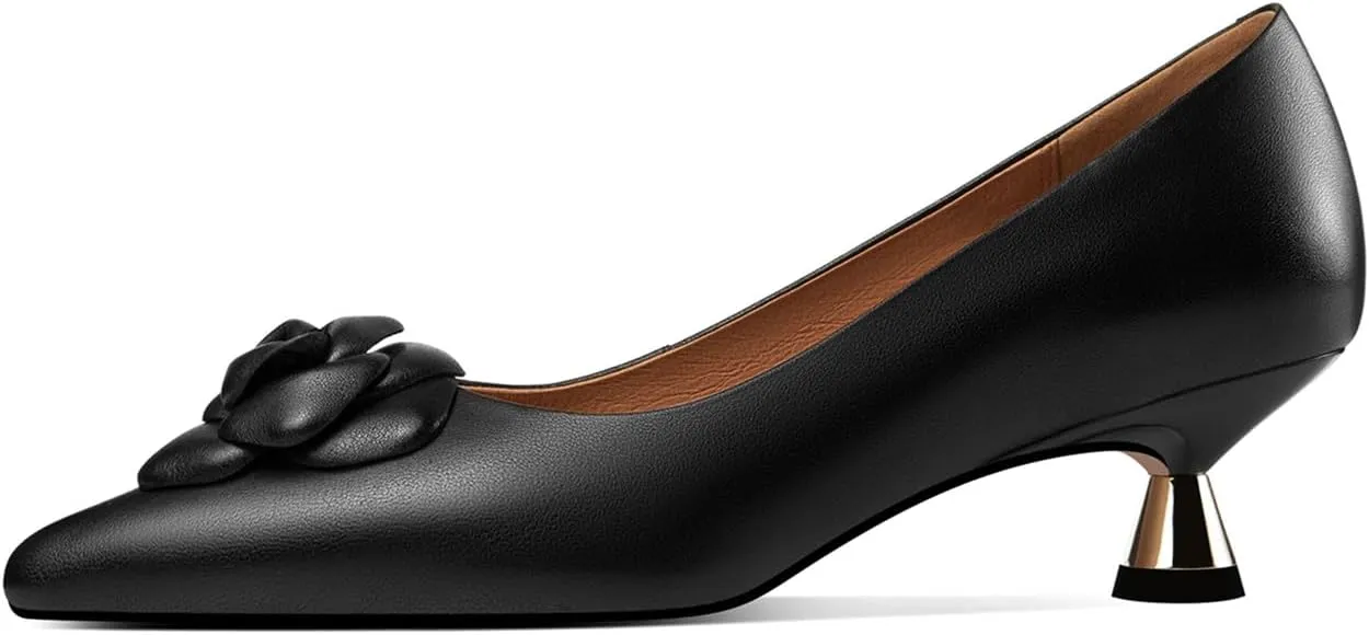 TinaCus Genuine Leather Pointed Toe Handmade Flower Cute Kitten Heels Women's Pumps Shoes