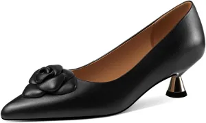 TinaCus Genuine Leather Pointed Toe Handmade Flower Cute Kitten Heels Women's Pumps Shoes