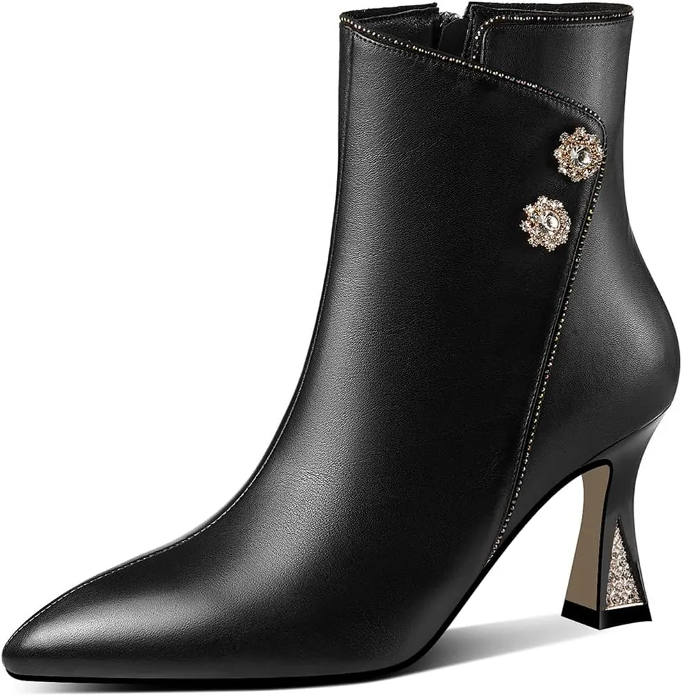 TinaCus Women's Handmade Genuine Leather Side Zip Up High Heel Pointed Toe Ankle Dressy Booties