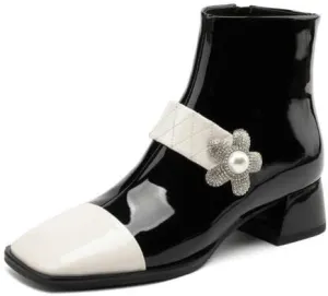TinaCus Women's Handmade Patent Leather Cap-Toe Two-Tone Rhinestone Flower Ankle Boots