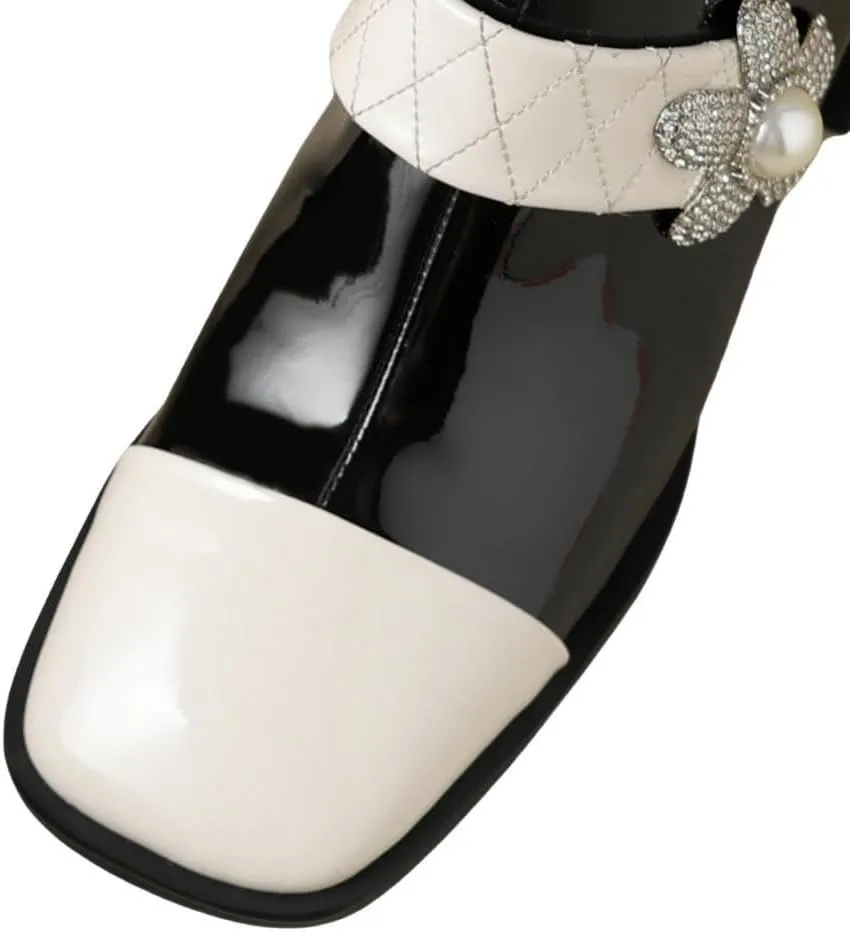 TinaCus Women's Handmade Patent Leather Cap-Toe Two-Tone Rhinestone Flower Ankle Boots