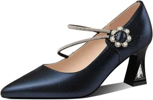 TinaCus Women's Pointed Toe Genuine Leather Handmade Flower Buckle Mid Chunky Heels Graceful Pumps Shoes