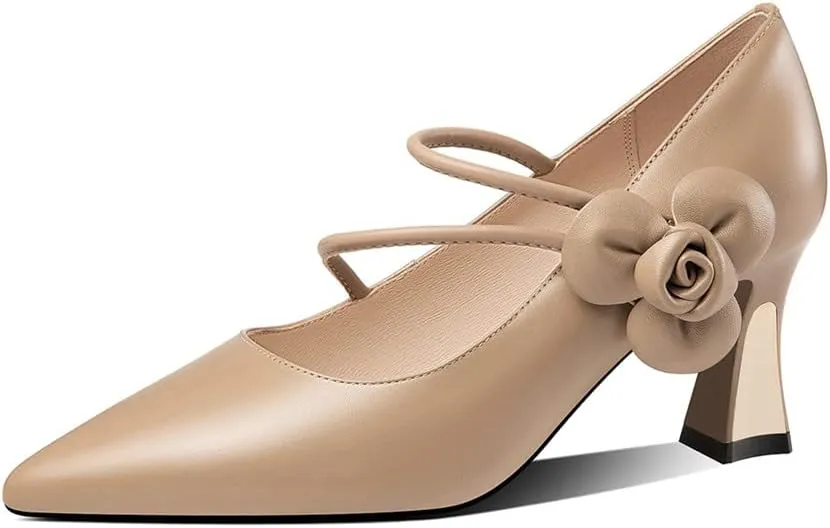 TinaCus Women's Pointed Toe Genuine Leather Handmade Flower Décor Mid Chunky Heels Graceful Pumps Shoes
