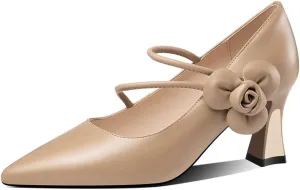 TinaCus Women's Pointed Toe Genuine Leather Handmade Flower Décor Mid Chunky Heels Graceful Pumps Shoes