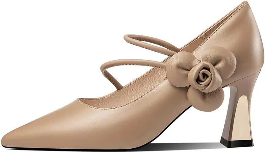 TinaCus Women's Pointed Toe Genuine Leather Handmade Flower Décor Mid Chunky Heels Graceful Pumps Shoes