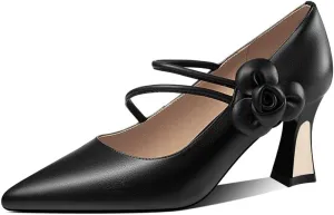 TinaCus Women's Pointed Toe Genuine Leather Handmade Flower Décor Mid Chunky Heels Graceful Pumps Shoes