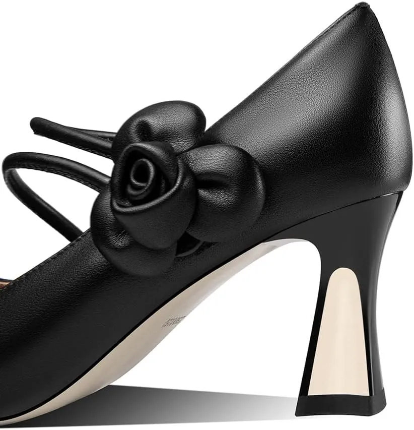 TinaCus Women's Pointed Toe Genuine Leather Handmade Flower Décor Mid Chunky Heels Graceful Pumps Shoes