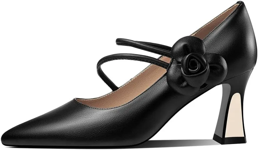 TinaCus Women's Pointed Toe Genuine Leather Handmade Flower Décor Mid Chunky Heels Graceful Pumps Shoes