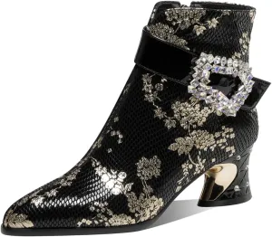 TinaCus Women's Rhinestone Buckle Pointed Toe Genuine Leather Handmade Mid Heel Side Zip Floral Ankle Boots