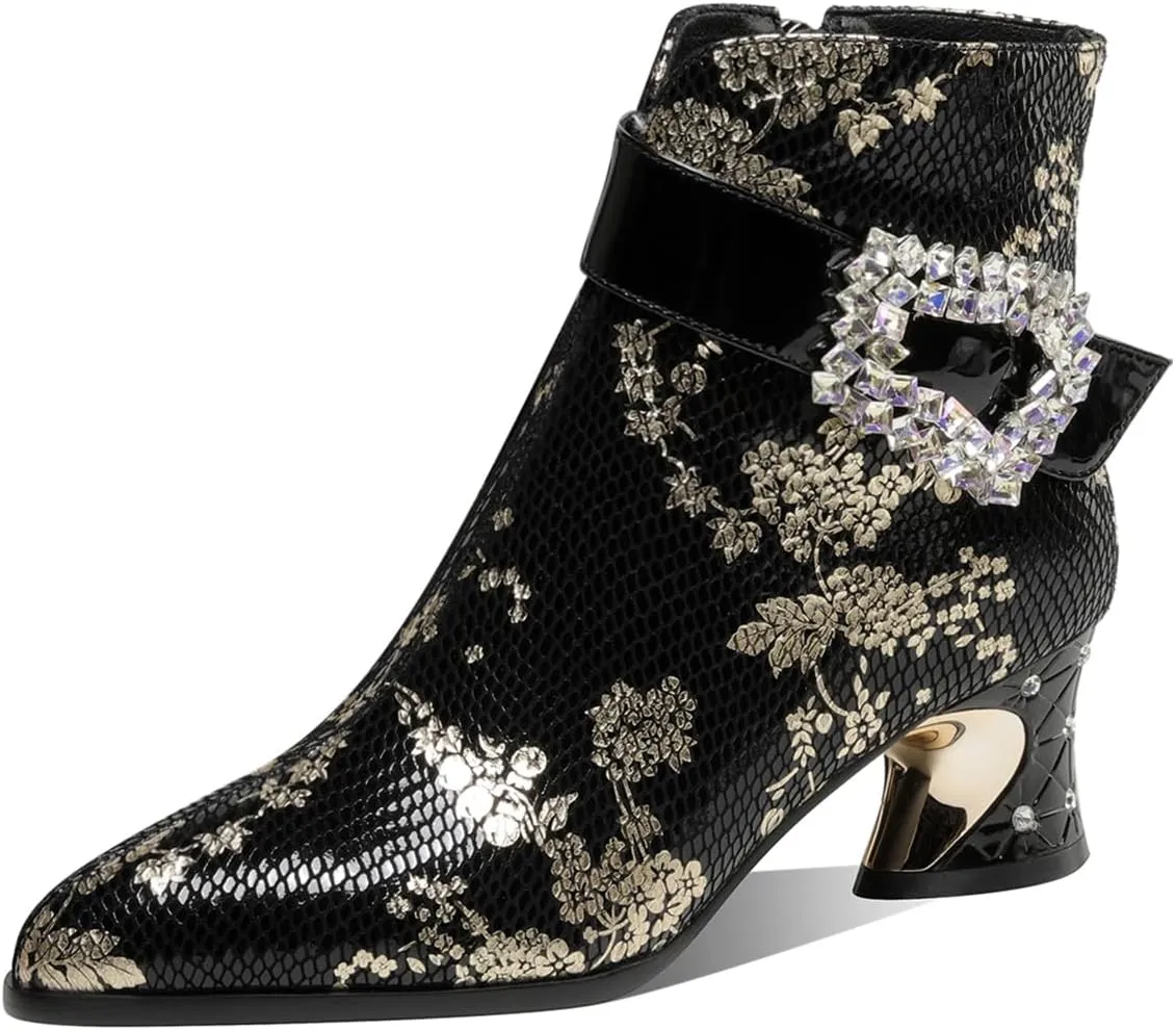 TinaCus Women's Rhinestone Buckle Pointed Toe Genuine Leather Handmade Mid Heel Side Zip Floral Ankle Boots