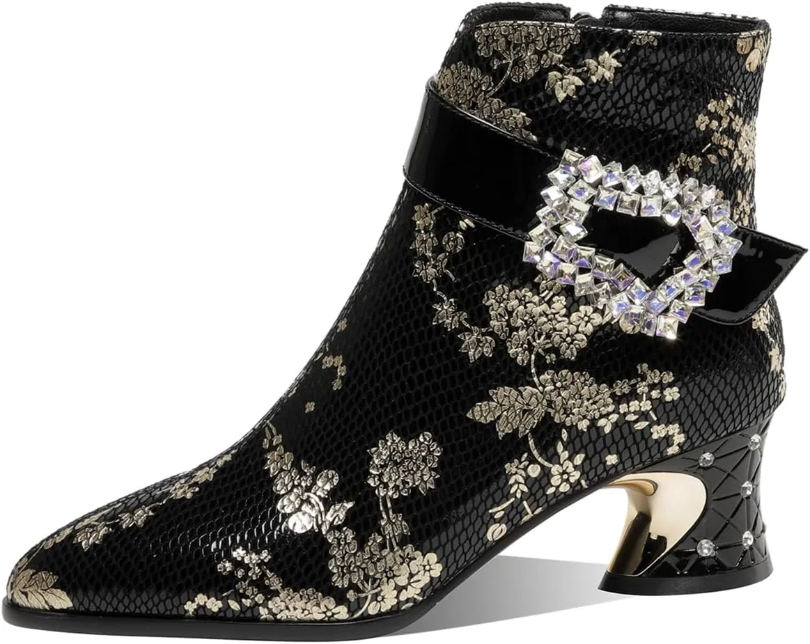TinaCus Women's Rhinestone Buckle Pointed Toe Genuine Leather Handmade Mid Heel Side Zip Floral Ankle Boots