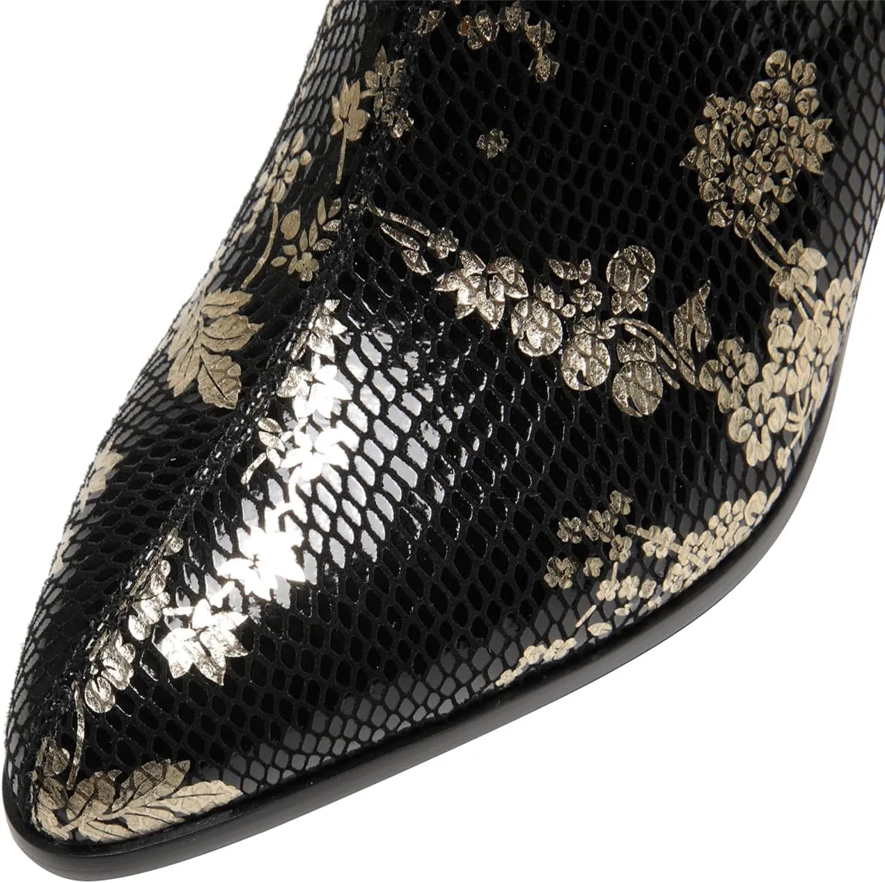 TinaCus Women's Rhinestone Buckle Pointed Toe Genuine Leather Handmade Mid Heel Side Zip Floral Ankle Boots