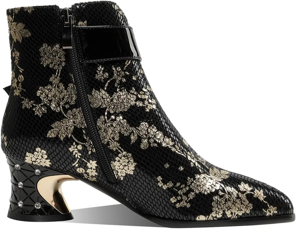 TinaCus Women's Rhinestone Buckle Pointed Toe Genuine Leather Handmade Mid Heel Side Zip Floral Ankle Boots