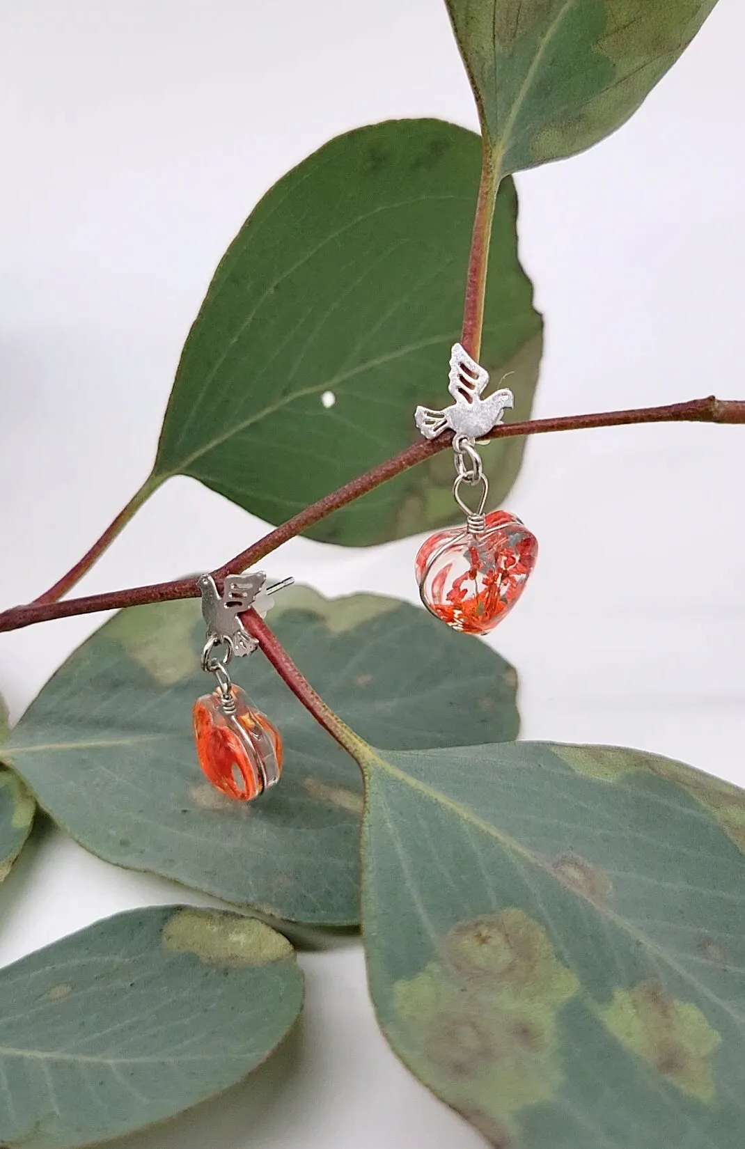 Tiny Birds with Dried Flowers Heart Handmade Resin Earrings