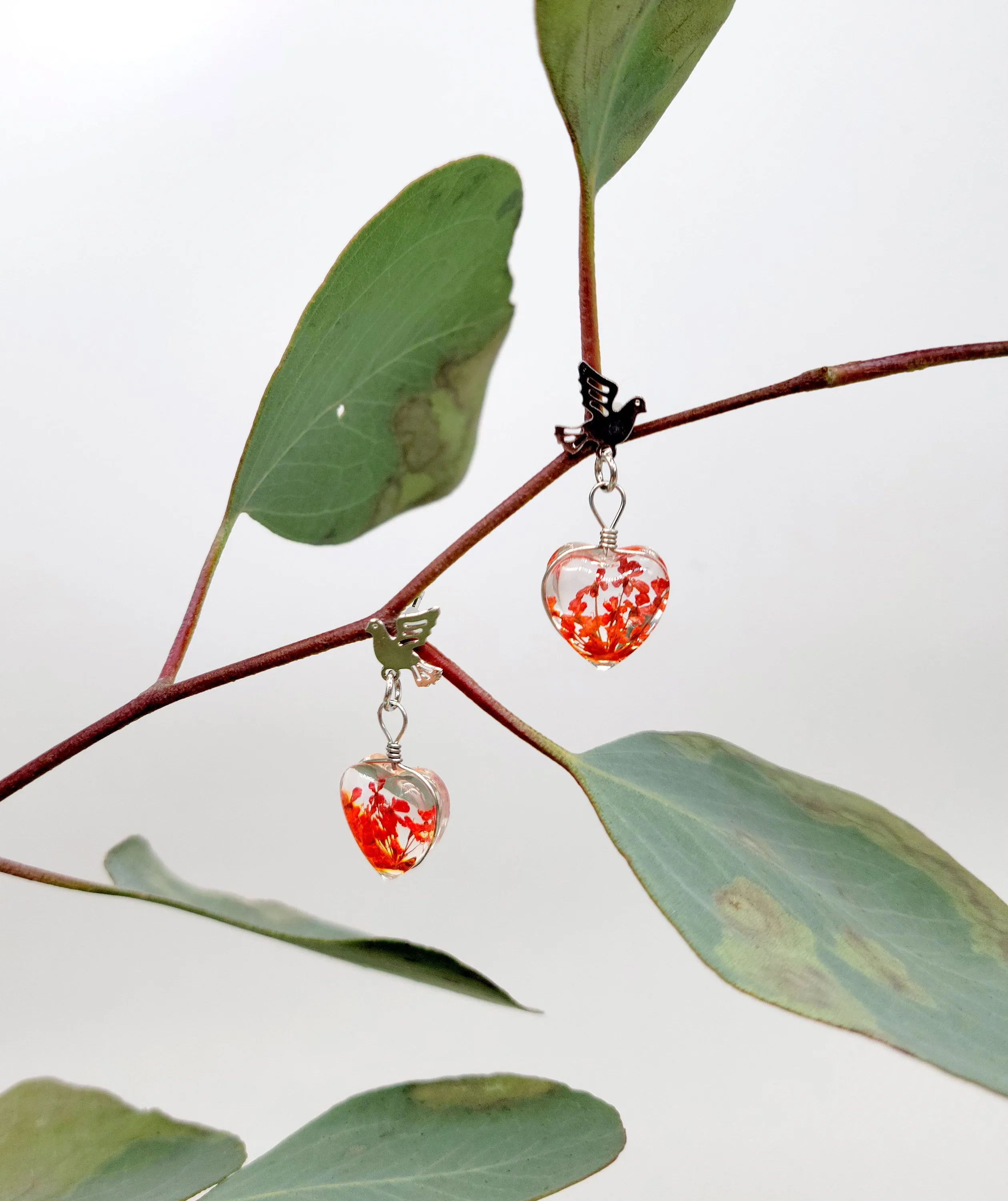Tiny Birds with Dried Flowers Heart Handmade Resin Earrings