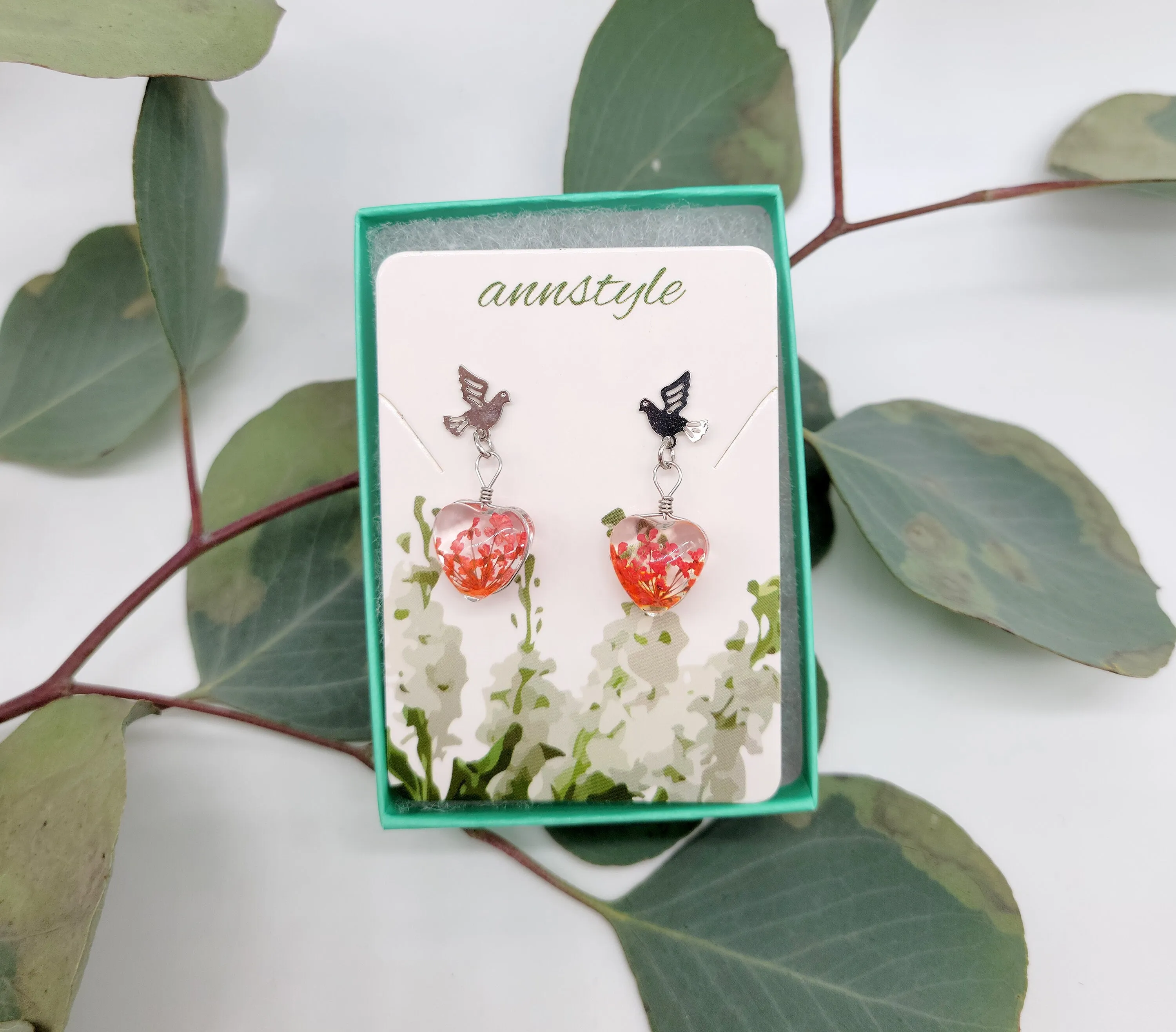 Tiny Birds with Dried Flowers Heart Handmade Resin Earrings