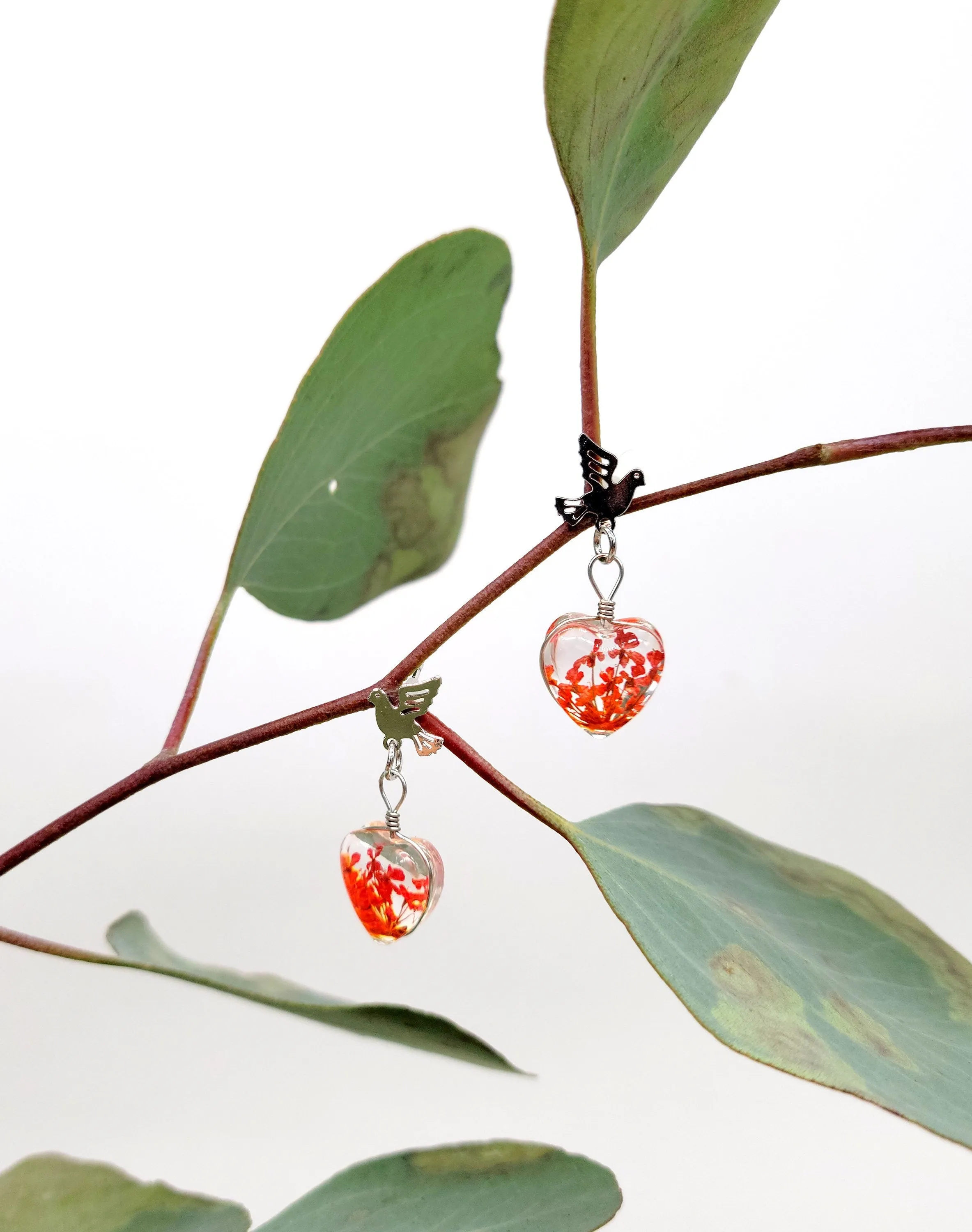 Tiny Birds with Dried Flowers Heart Handmade Resin Earrings