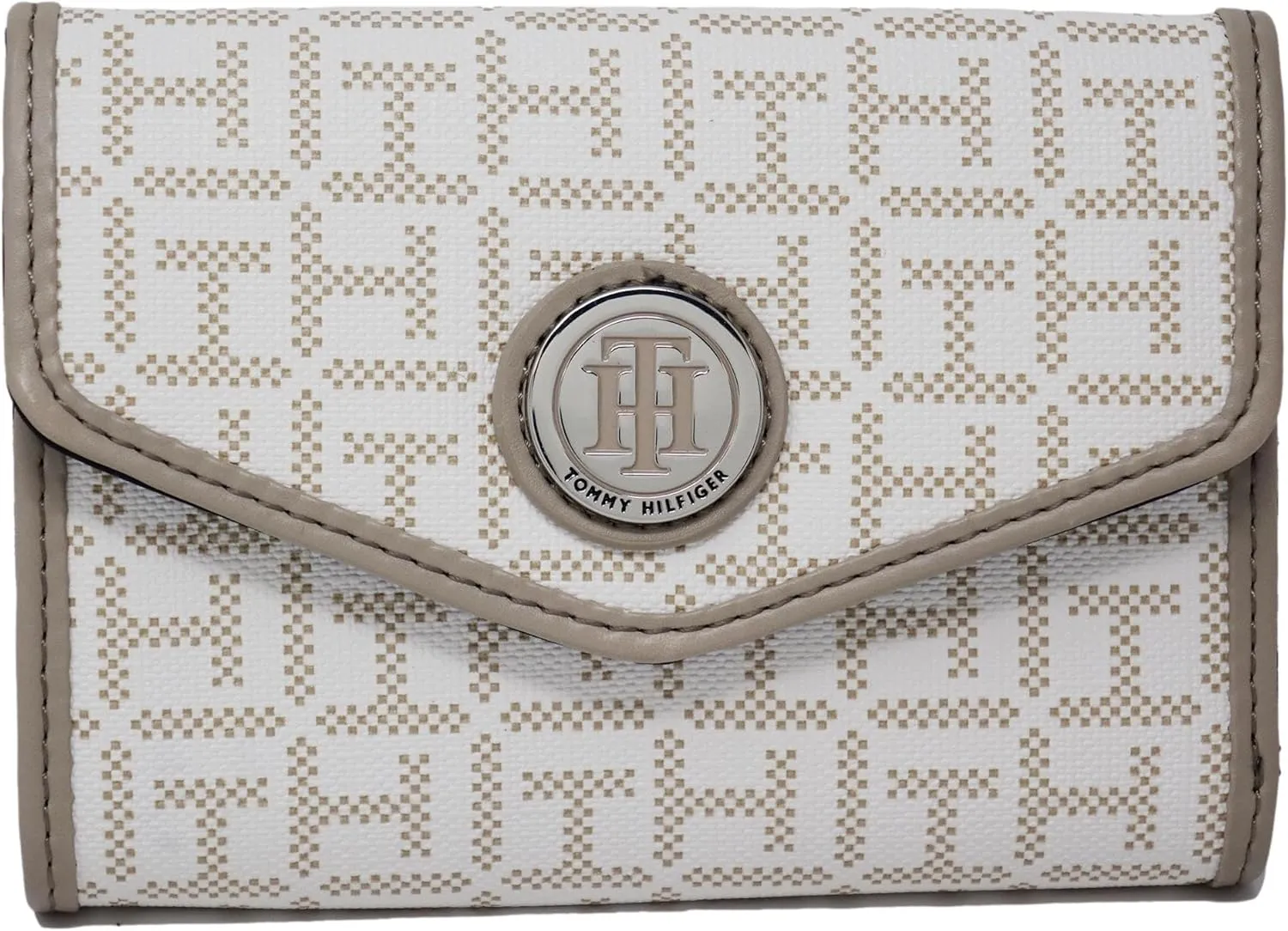 Tommy Hilfiger Women White Gray Coated Canvas Logo Print Small Wallet Clutch Bag