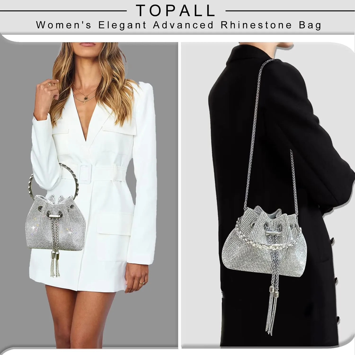TOPALL Upgrade Rhinestone Evening Bag Bling Purse Sparkly Diamond Silver Clutch Purses for Women Party Club Wedding Prom