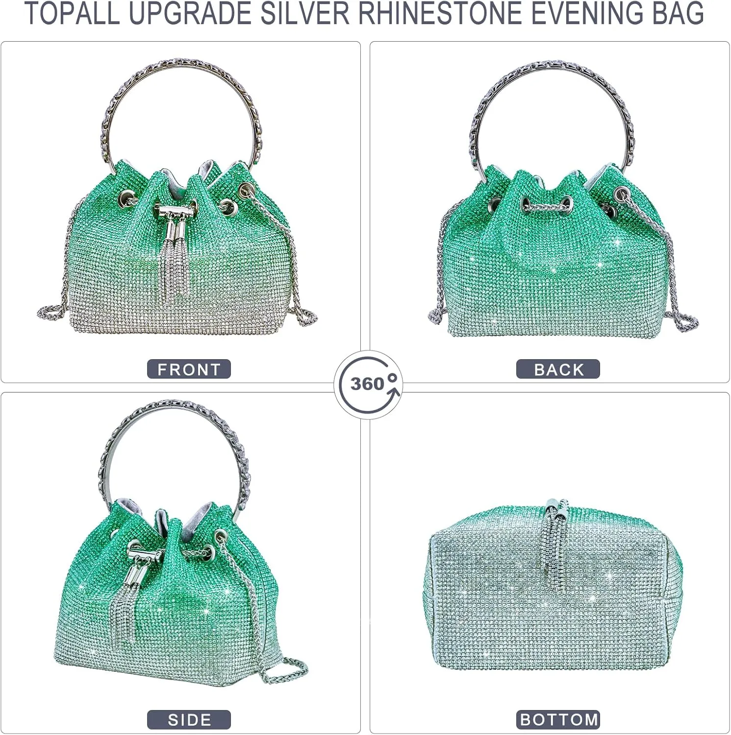 TOPALL Upgrade Rhinestone Evening Bag Bling Purse Sparkly Diamond Silver Clutch Purses for Women Party Club Wedding Prom