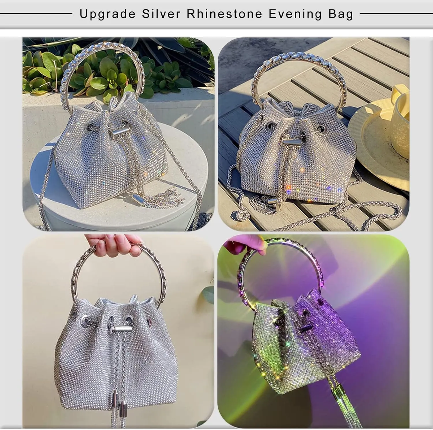 TOPALL Upgrade Rhinestone Evening Bag Bling Purse Sparkly Diamond Silver Clutch Purses for Women Party Club Wedding Prom