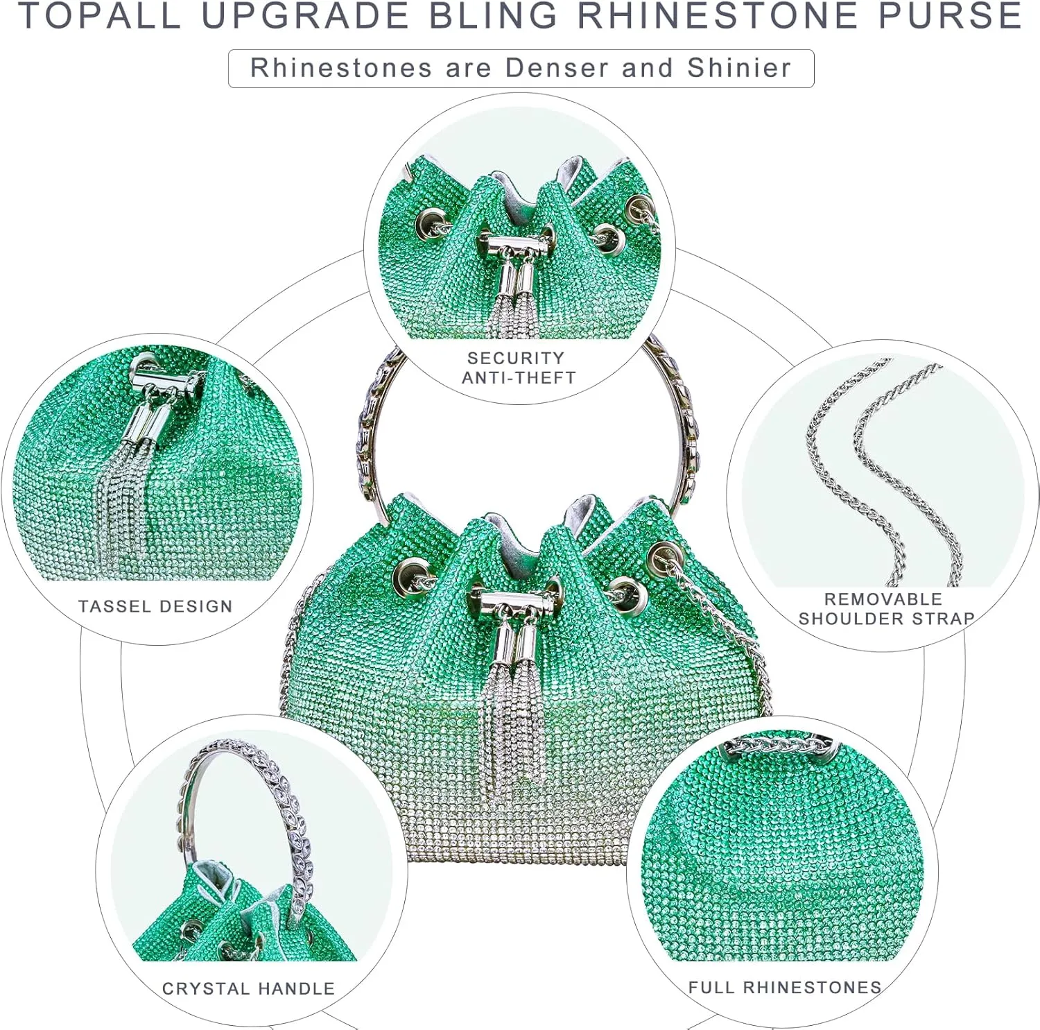 TOPALL Upgrade Rhinestone Evening Bag Bling Purse Sparkly Diamond Silver Clutch Purses for Women Party Club Wedding Prom
