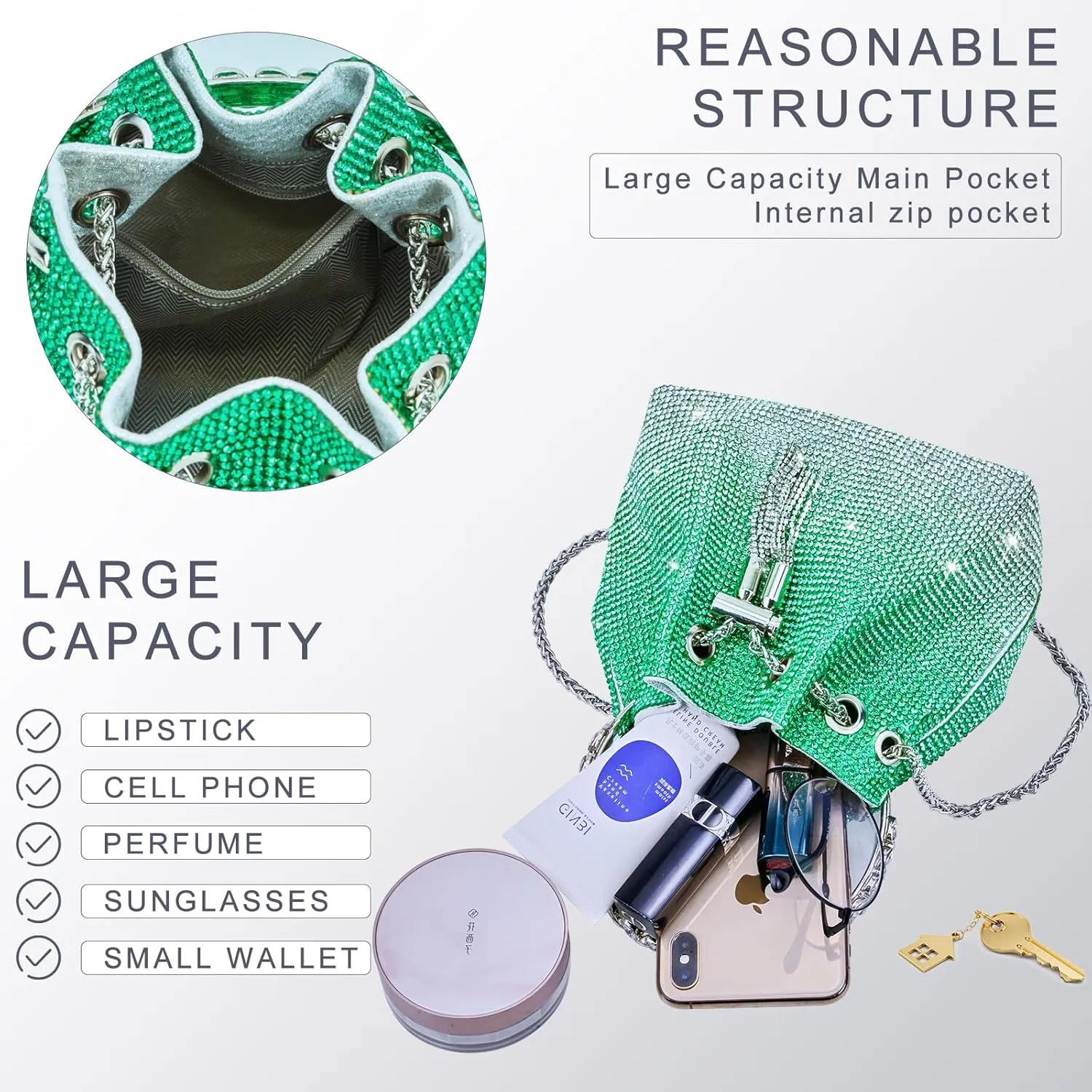 TOPALL Upgrade Rhinestone Evening Bag Bling Purse Sparkly Diamond Silver Clutch Purses for Women Party Club Wedding Prom