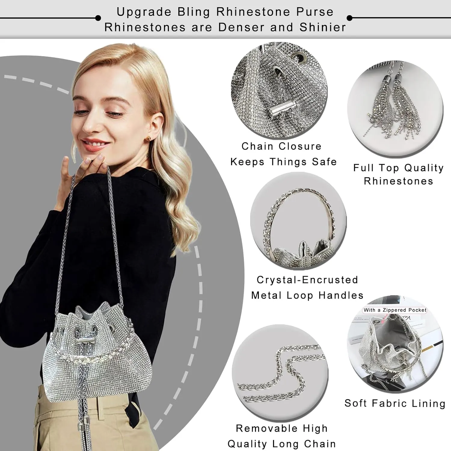 TOPALL Upgrade Rhinestone Evening Bag Bling Purse Sparkly Diamond Silver Clutch Purses for Women Party Club Wedding Prom