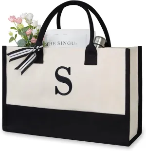 TOPDesign Embroidery Initial Canvas Tote Bag, Personalized Present Bag, Suitable for Wedding, Birthday, Beach, Holiday, is a Great Gift for Women, Mom, Teachers, Friends, Bridesmaids (Letter S)