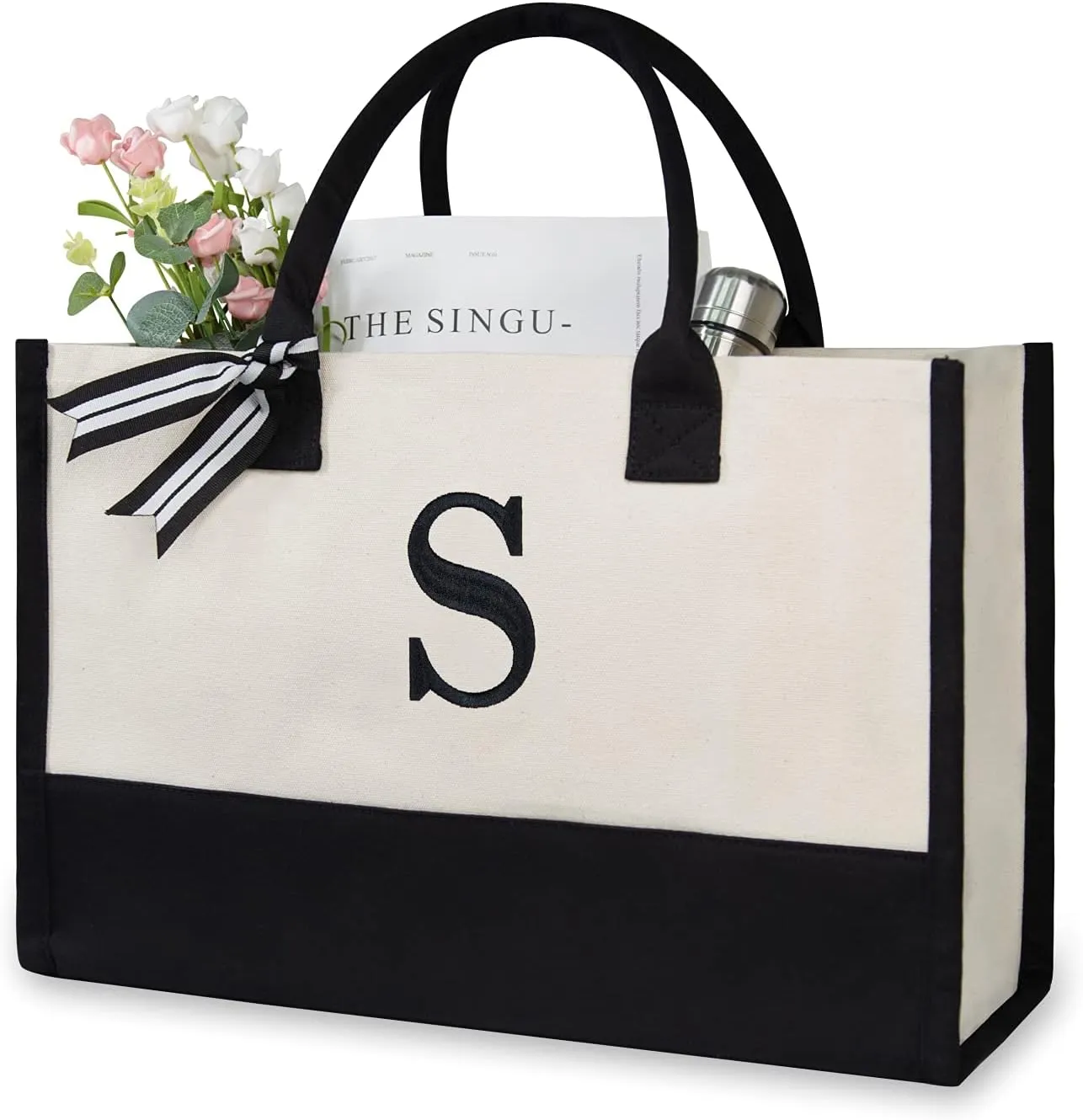TOPDesign Embroidery Initial Canvas Tote Bag, Personalized Present Bag, Suitable for Wedding, Birthday, Beach, Holiday, is a Great Gift for Women, Mom, Teachers, Friends, Bridesmaids (Letter S)