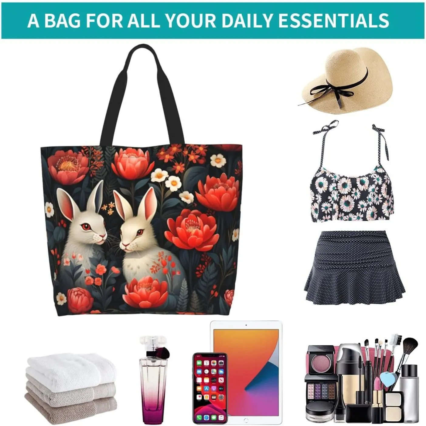 Tote Bag for Women Reusable Grocery Bag Shopping Bag Cat Wearing Flower Tote Bags Handbag Foldable Shoulder Bag