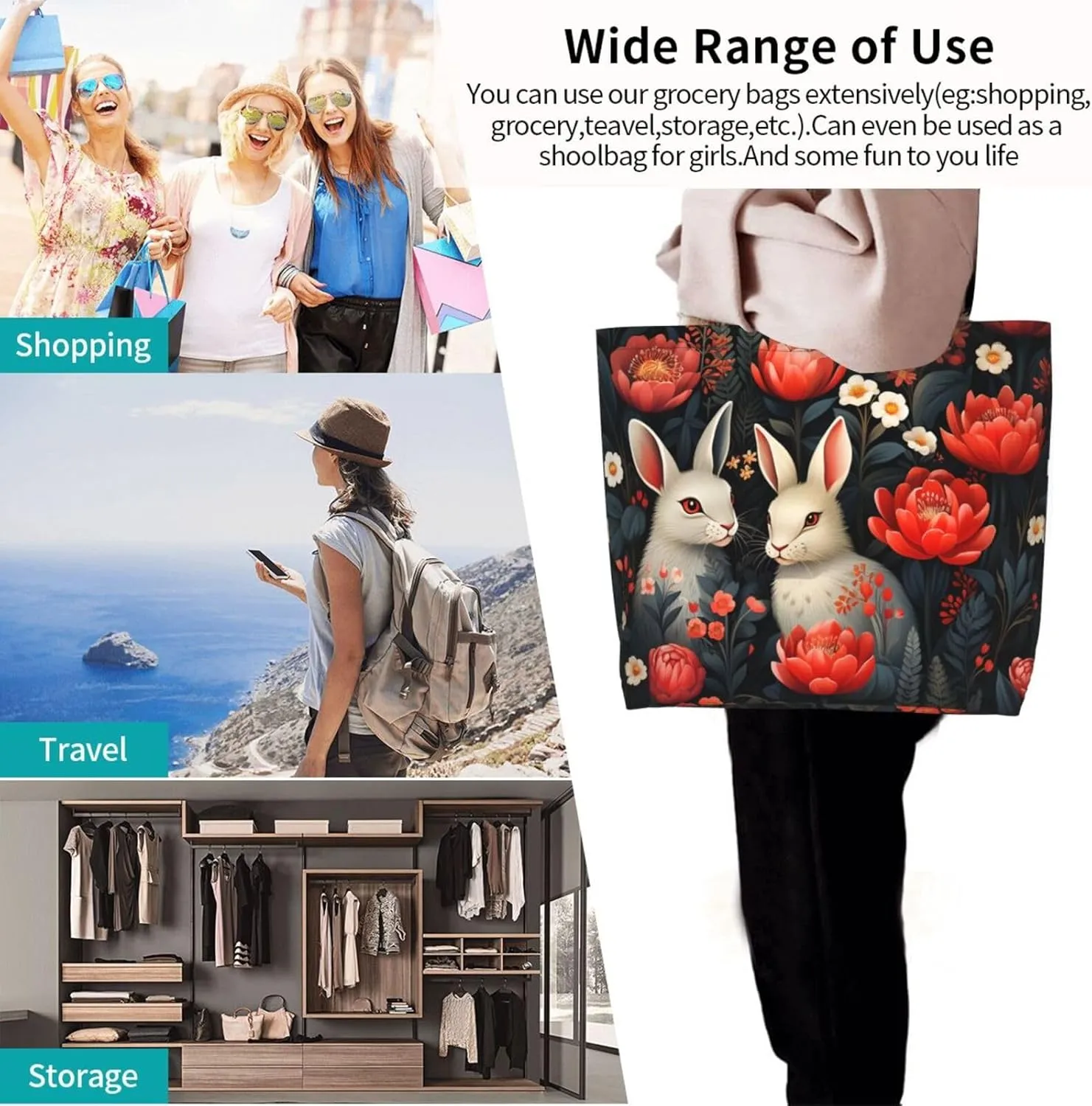 Tote Bag for Women Reusable Grocery Bag Shopping Bag Cat Wearing Flower Tote Bags Handbag Foldable Shoulder Bag