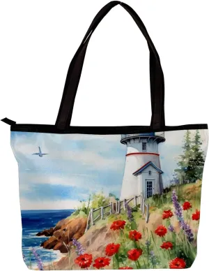 Tote Bags for Women,Womens Handbags,Small Tote Bag,Flower Bush Summer Lighthouse