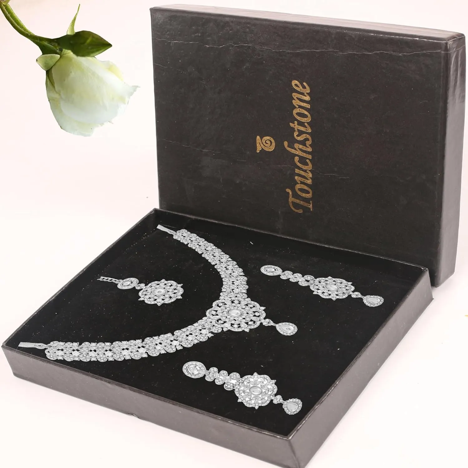 Touchstone Indian Bollywood Desire Enchanting Floral Diamond Studded Look Rhinestone Bridal Designer Jewelry Necklace Set In Gold or White Tone For Women.