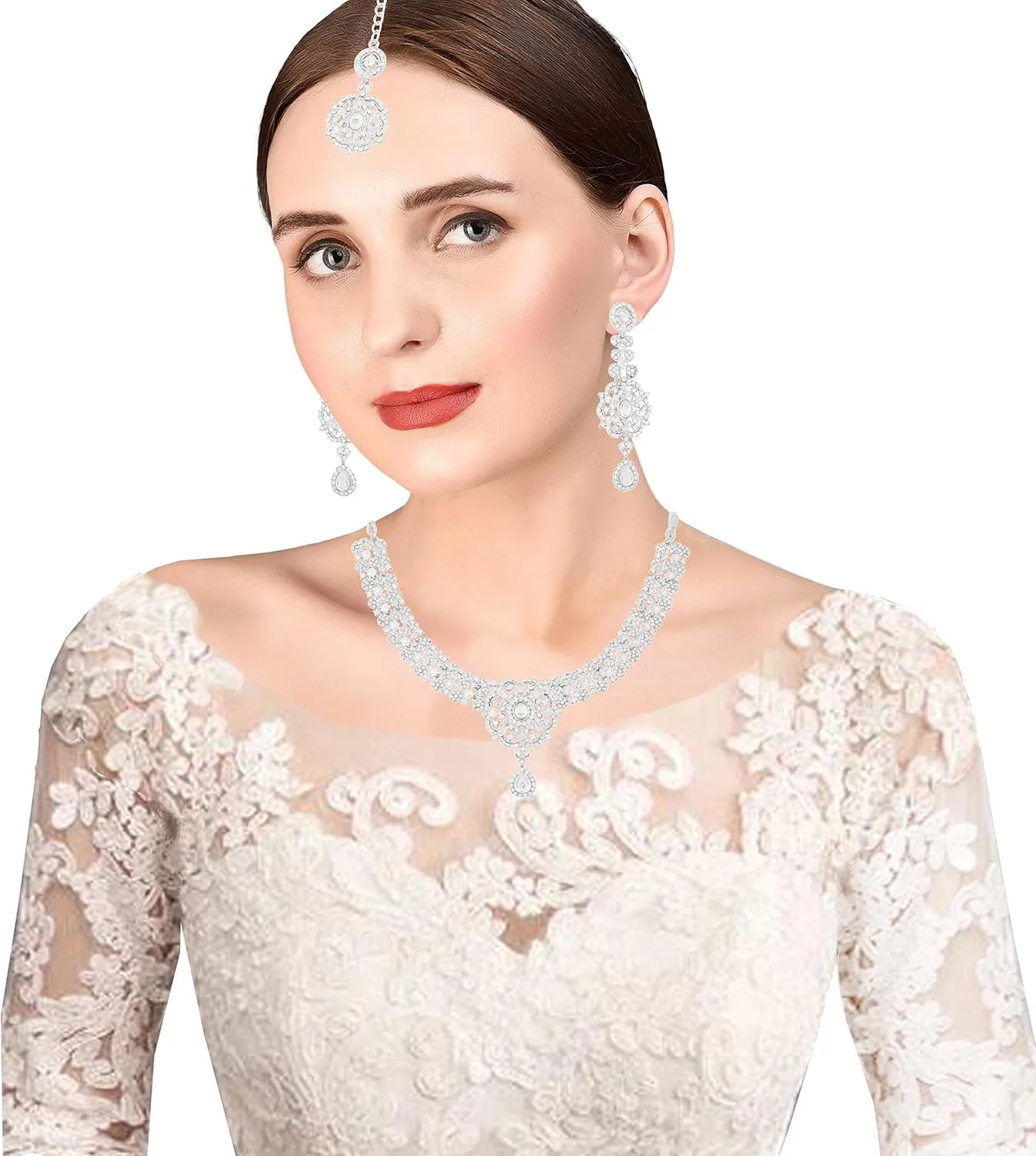 Touchstone Indian Bollywood Desire Enchanting Floral Diamond Studded Look Rhinestone Bridal Designer Jewelry Necklace Set In Gold or White Tone For Women.