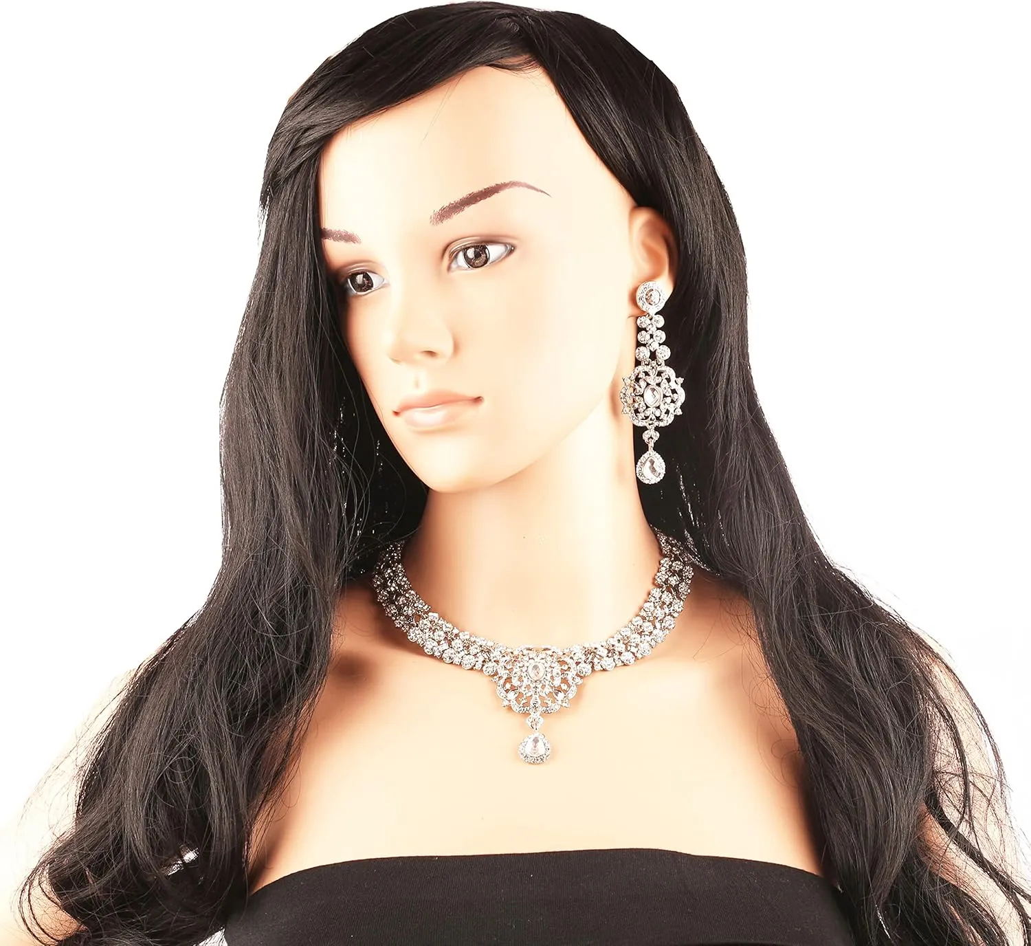 Touchstone Indian Bollywood Desire Enchanting Floral Diamond Studded Look Rhinestone Bridal Designer Jewelry Necklace Set In Gold or White Tone For Women.