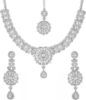 Touchstone Indian Bollywood Desire Enchanting Floral Diamond Studded Look Rhinestone Bridal Designer Jewelry Necklace Set In Gold or White Tone For Women.