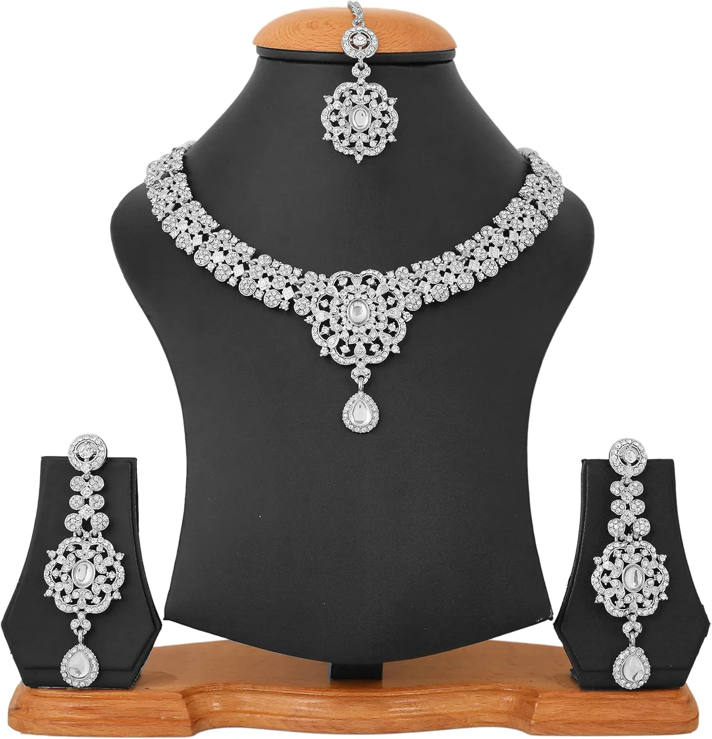 Touchstone Indian Bollywood Desire Enchanting Floral Diamond Studded Look Rhinestone Bridal Designer Jewelry Necklace Set In Gold or White Tone For Women.