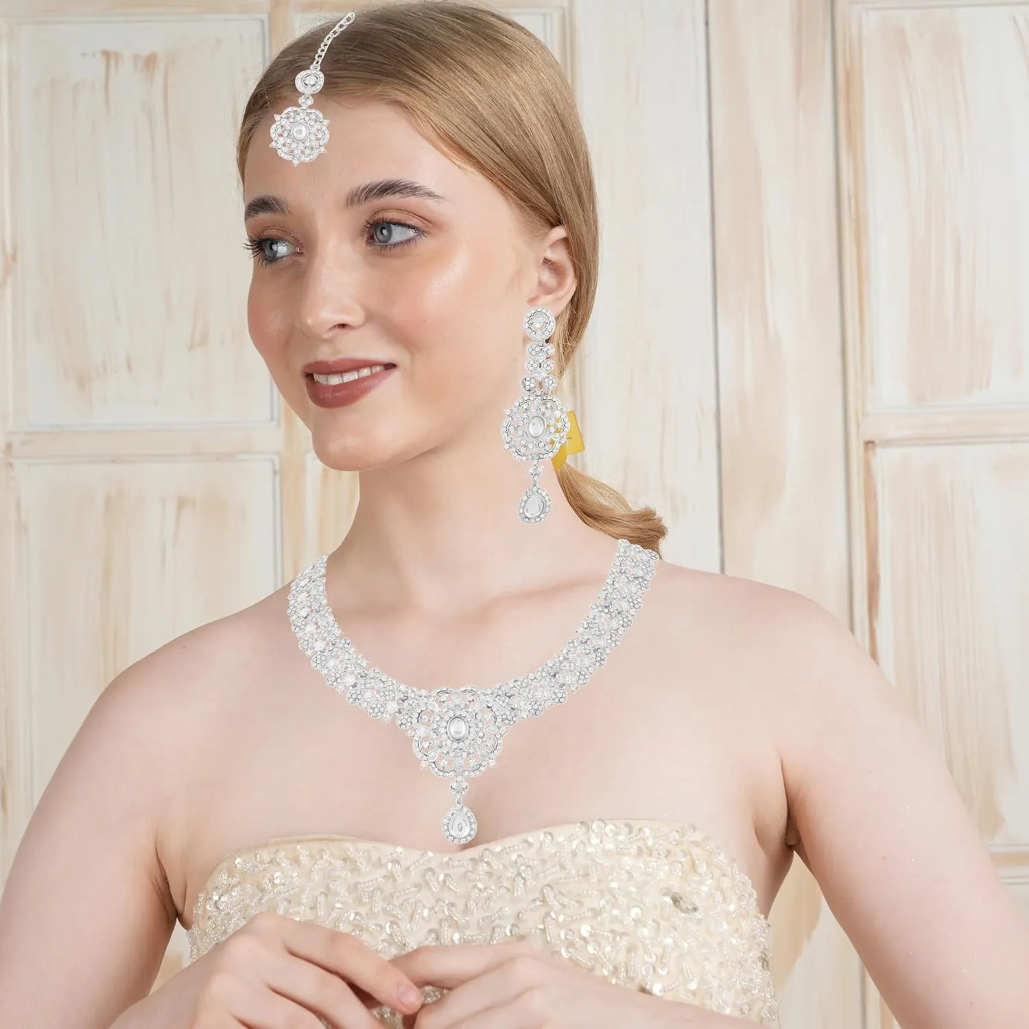Touchstone Indian Bollywood Desire Enchanting Floral Diamond Studded Look Rhinestone Bridal Designer Jewelry Necklace Set In Gold or White Tone For Women.