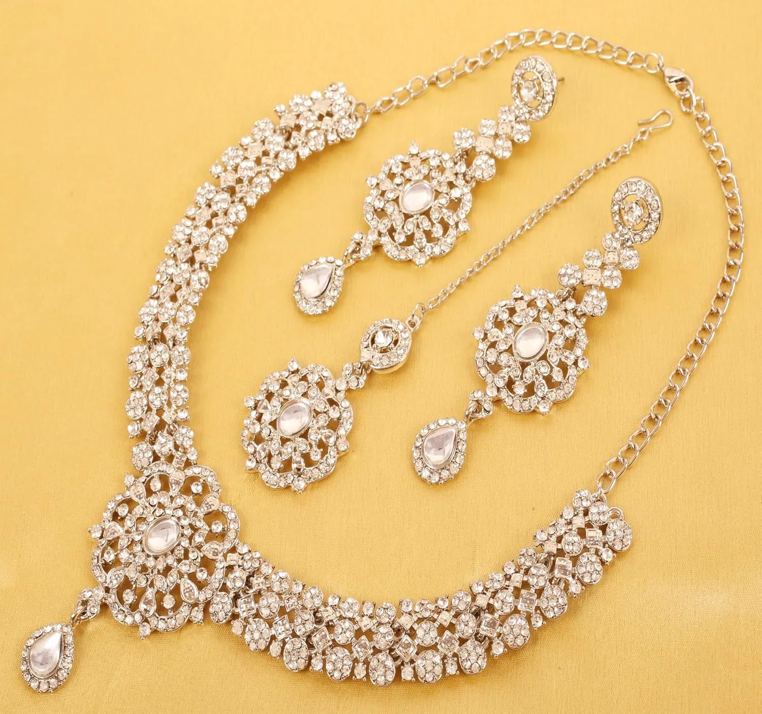 Touchstone Indian Bollywood Desire Enchanting Floral Diamond Studded Look Rhinestone Bridal Designer Jewelry Necklace Set In Gold or White Tone For Women.