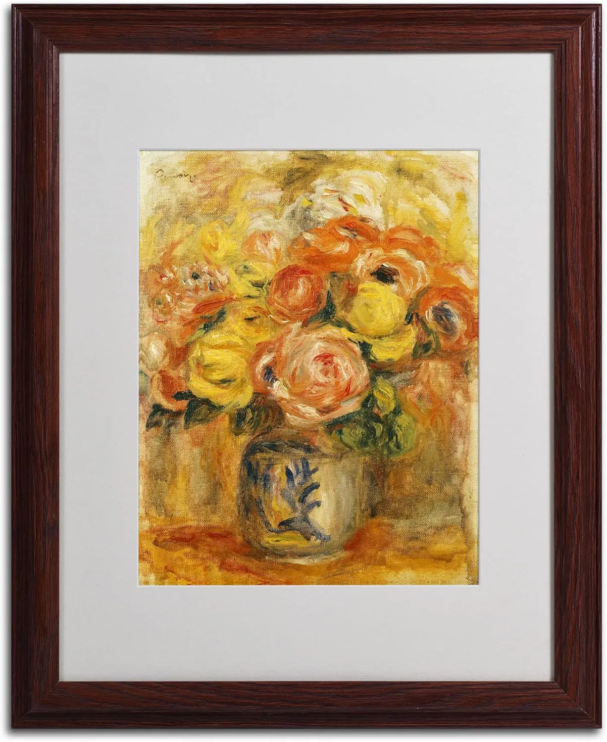 Trademark Fine Art Fleurs Dans Un Vase Bleu Canvas Wall Art by Pierre Renoir with Wood Frame, 16 by 20-Inch
