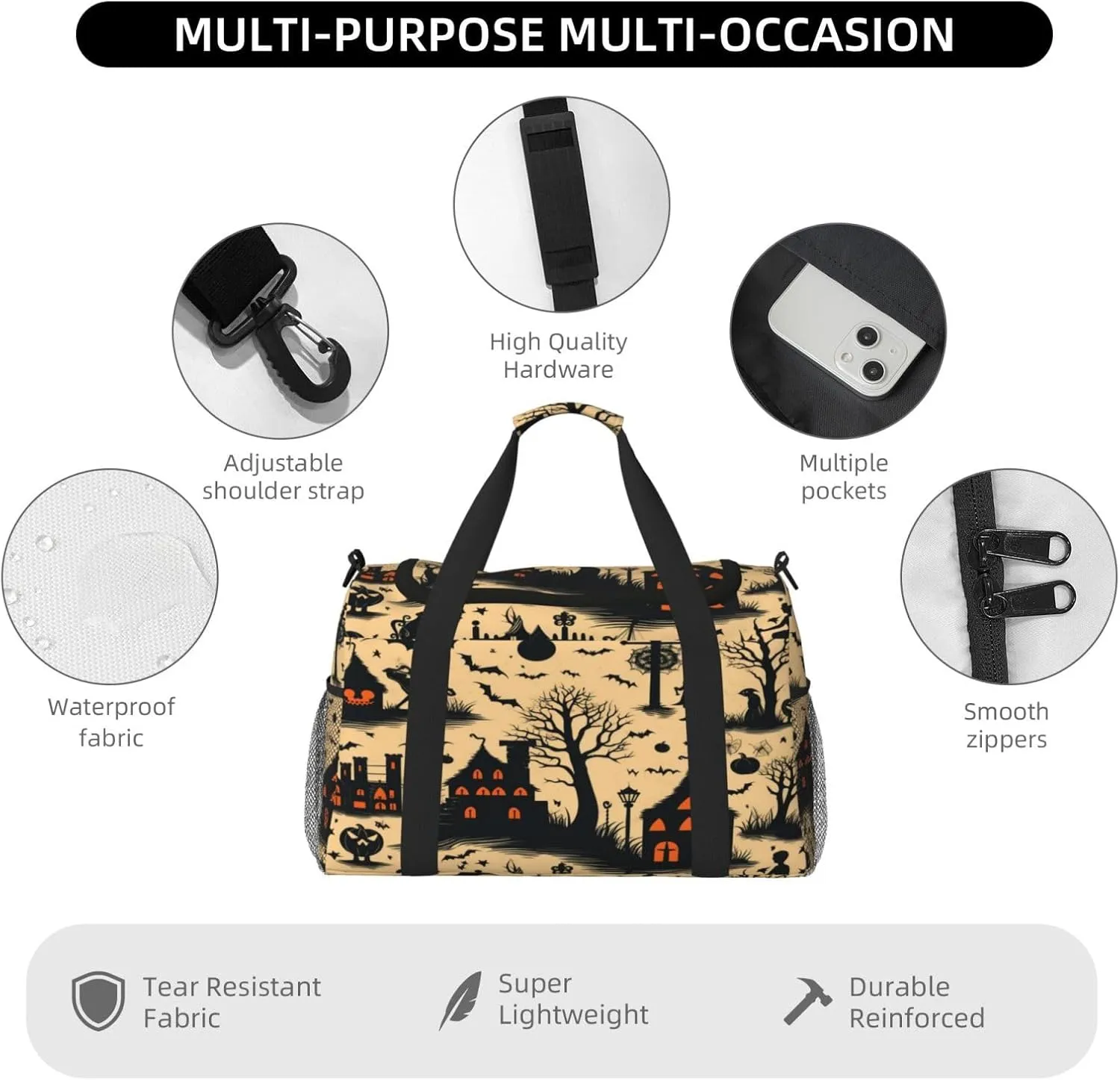 Travel Duffel Bag For Men Women, Halloween Pattern Castle Bats Carry On Sport Gym Bag With Shoulder Strap Lightweight Waterproof Weekender Bag Overnight Bag