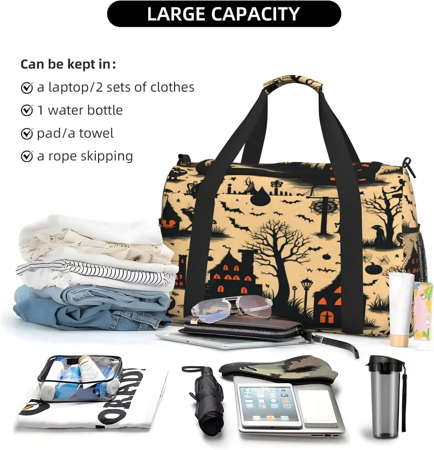 Travel Duffel Bag For Men Women, Halloween Pattern Castle Bats Carry On Sport Gym Bag With Shoulder Strap Lightweight Waterproof Weekender Bag Overnight Bag