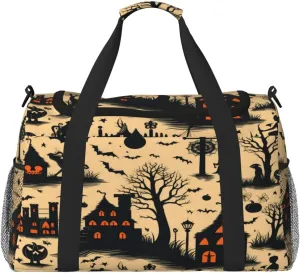 Travel Duffel Bag For Men Women, Halloween Pattern Castle Bats Carry On Sport Gym Bag With Shoulder Strap Lightweight Waterproof Weekender Bag Overnight Bag