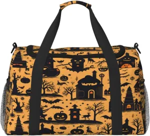 Travel Duffel Bag For Men Women, Halloween Pumpkins Pattern Castle Bats Carry On Sport Gym Bag With Shoulder Strap Lightweight Waterproof Weekender Bag Overnight Bag