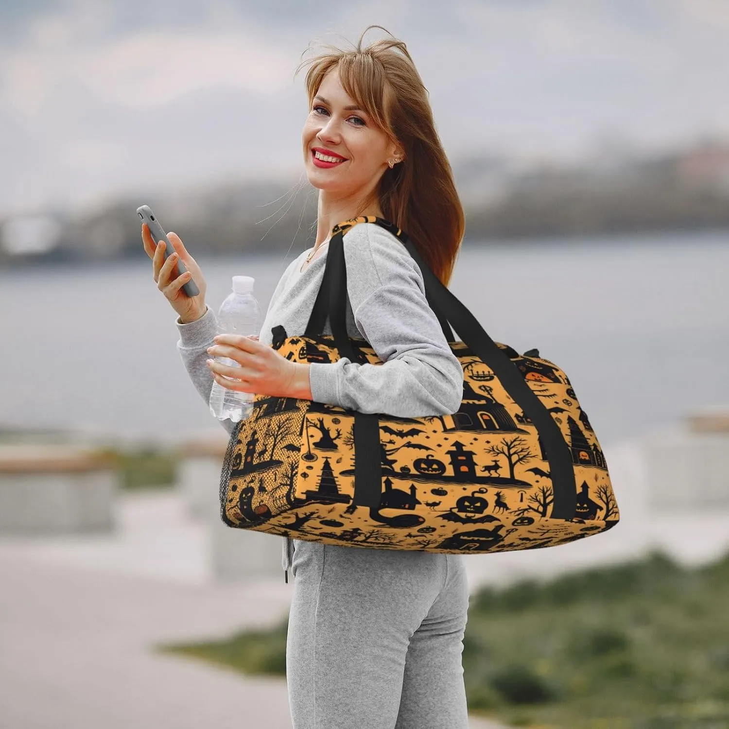 Travel Duffel Bag For Men Women, Halloween Pumpkins Pattern Castle Bats Carry On Sport Gym Bag With Shoulder Strap Lightweight Waterproof Weekender Bag Overnight Bag