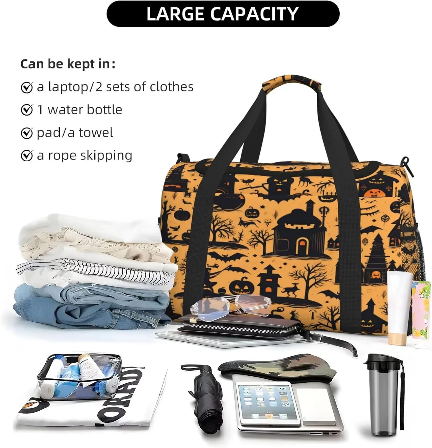 Travel Duffel Bag For Men Women, Halloween Pumpkins Pattern Castle Bats Carry On Sport Gym Bag With Shoulder Strap Lightweight Waterproof Weekender Bag Overnight Bag