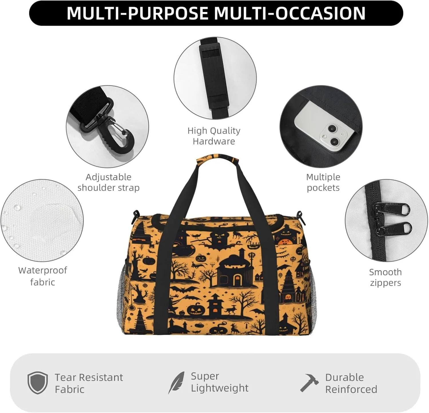 Travel Duffel Bag For Men Women, Halloween Pumpkins Pattern Castle Bats Carry On Sport Gym Bag With Shoulder Strap Lightweight Waterproof Weekender Bag Overnight Bag