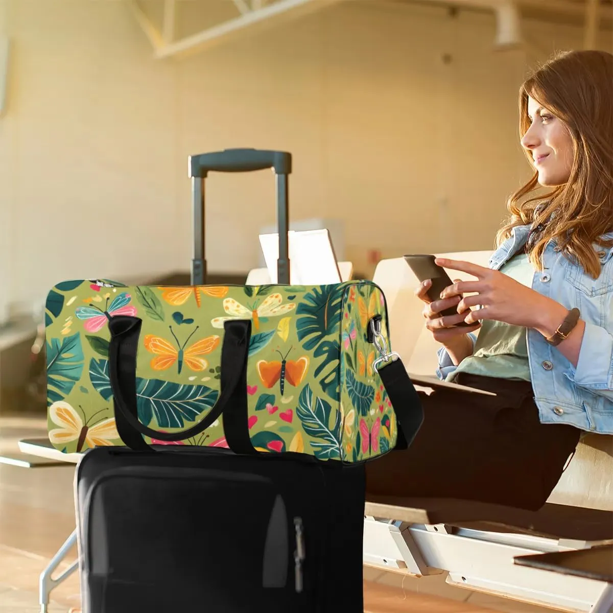 Travel Duffle Bag Butterfly Palm Leaf Gym Bags for Men Women Travel Duffel Bags with Adjustable Shoulder Strap Carry On Weekender Bag